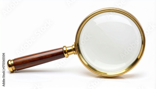 A classic magnifying glass with a polished wooden handle and a golden brass frame, single piece, isolated on a clean white background