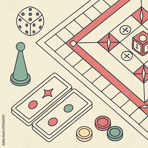 Isometric board game with dice, cards, and pieces for strategic gameplay
