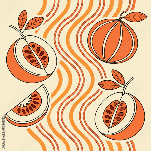 Illustration of sliced and whole oranges with wavy lines on beige background
