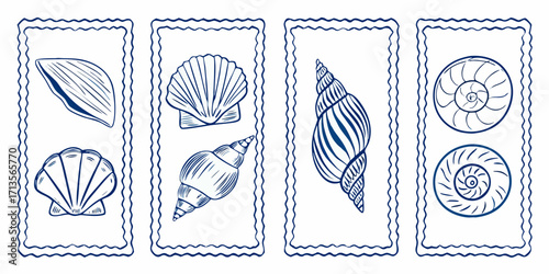 Collection of hand drawn blue line art seashells and snail shells in decorative frames