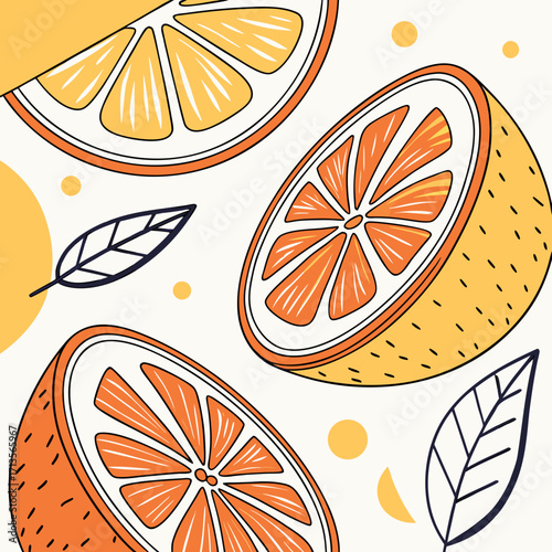Fresh orange slices with leaves in a pattern