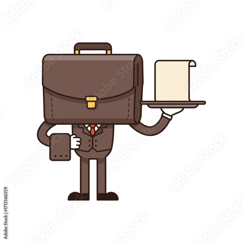 Briefcase butler mascot bowing with contract on tray in flat elegant muted brown vector style isolated