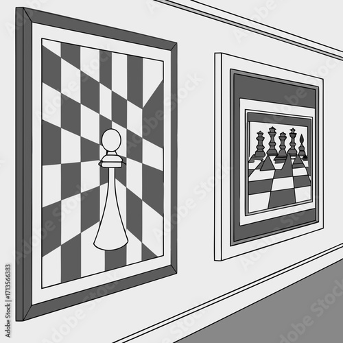 Chess themed art gallery with pawn and chess pieces