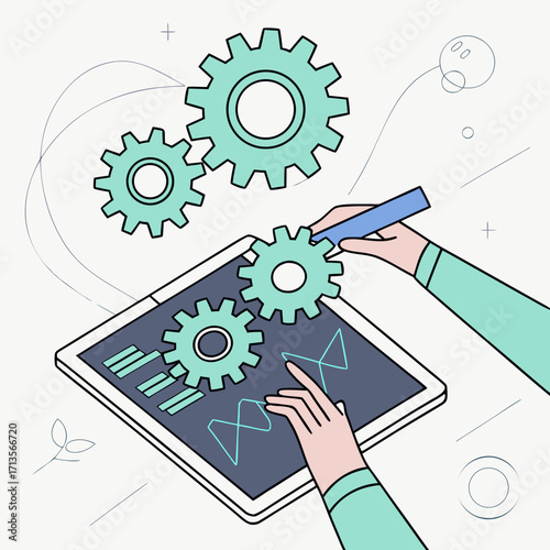 A person is working on a tablet with gears