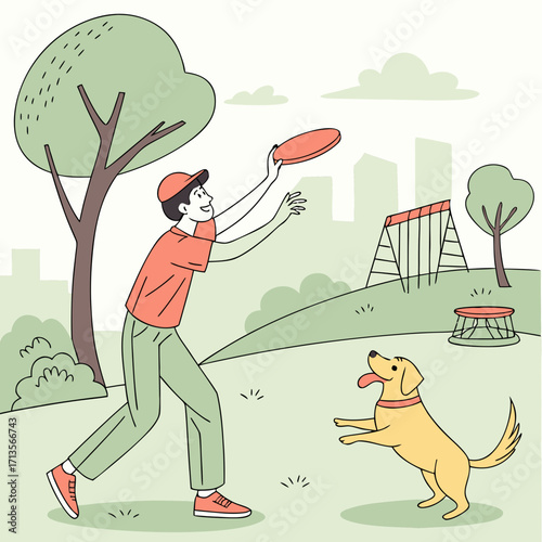 A man playing frisbee with his dog in the park on a sunny day outdoors
