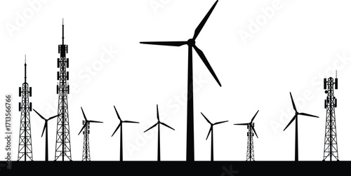 Silhouette of wind turbines and communication towers for renewable energy, clean electricity production, green power, sustainable technology, modern energy infrastructure vector illustration
