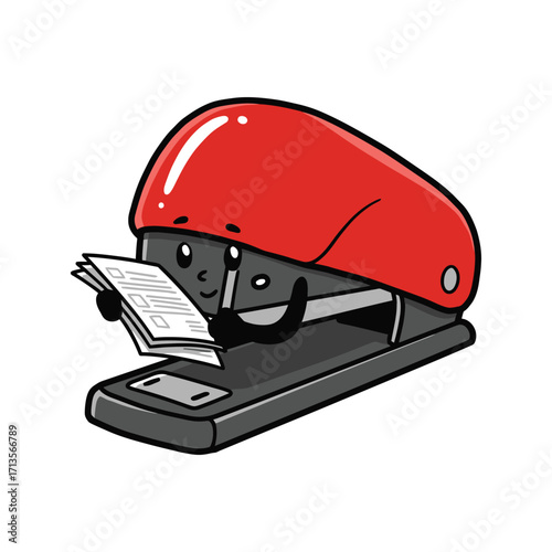 Stapler supervisor mascot clipping documents neatly in simple red ink vector style isolated