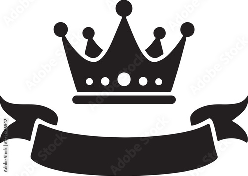 Silhouette vector of a vintage crown with banner, royal emblem and decorative ribbon, EPS format.