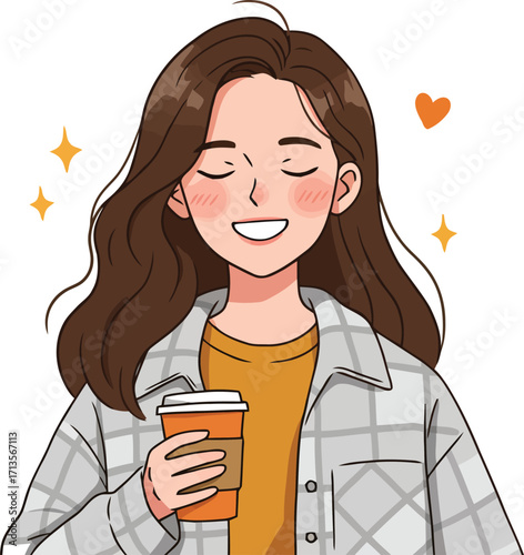 Joyful young woman holding coffee cup cozy autumn style illustration vector