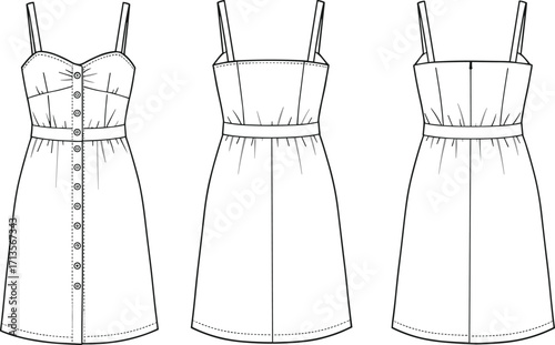 Fashion CAD flat sketch of button-down sleeveless dress, front and back views, waist seam, dart details, vector outline, template