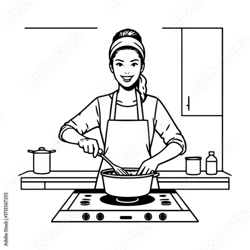 Black and White Vector Illustration of a Smiling Woman Cooking in Kitchen with Apron and Headband