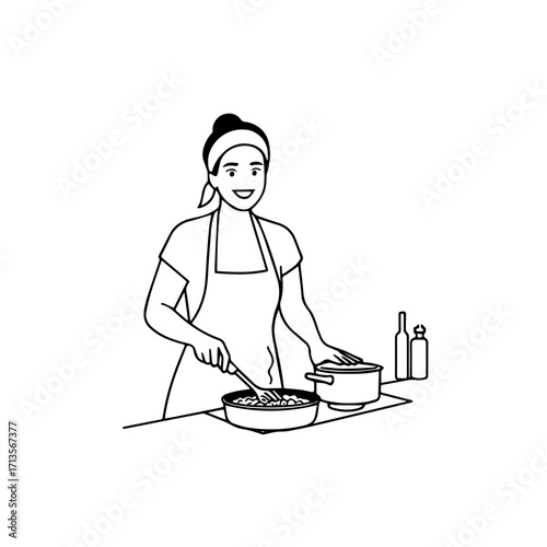 Black and White Vector Illustration of a Smiling Woman Cooking in Kitchen with Apron and Headband