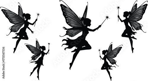 Fairy silhouettes with magic wands, flying mystical creatures, fantasy art illustration, enchanted wings, magical night scene, whimsical design for storytelling and decoration