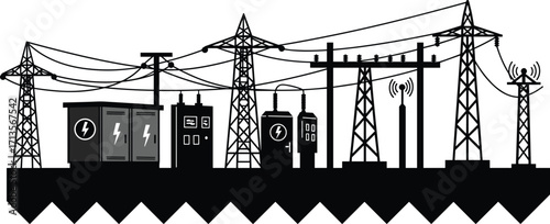 Electric power substation silhouette with transmission towers, transformers, power lines, energy distribution network, technology infrastructure, electricity grid, black white illustration