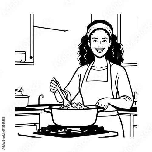 Black and White Vector Illustration of a Smiling Woman Cooking in Kitchen with Apron and Headband