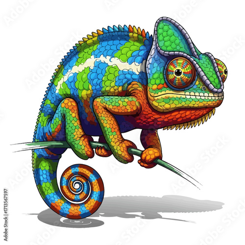 Vibrant illustration of a colorful chameleon with intricate patterns perched on a thin branch