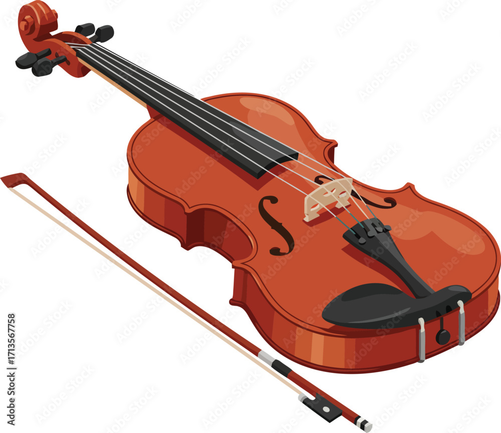 Fototapeta premium Elegant violin and bow isolated professional musical instrument study vector