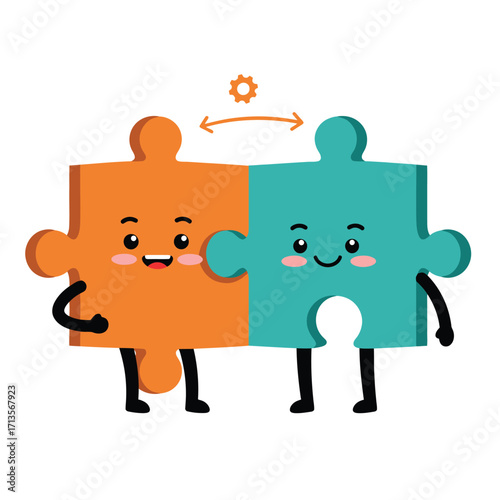 Puzzle piece strategist mascot connecting two companies with interlocking teal orange shapes vector style isolated