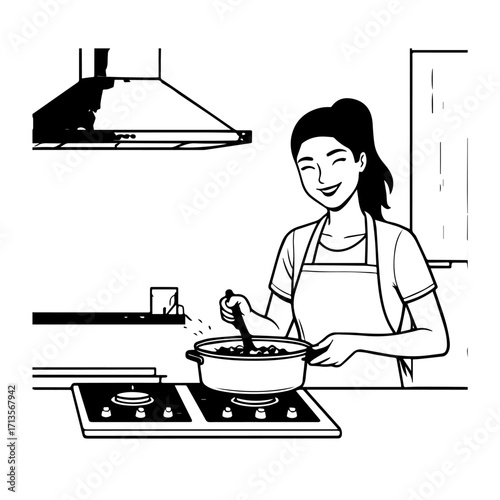 Black and White Vector Illustration of a Smiling Woman Cooking in Kitchen with Apron and Headband
