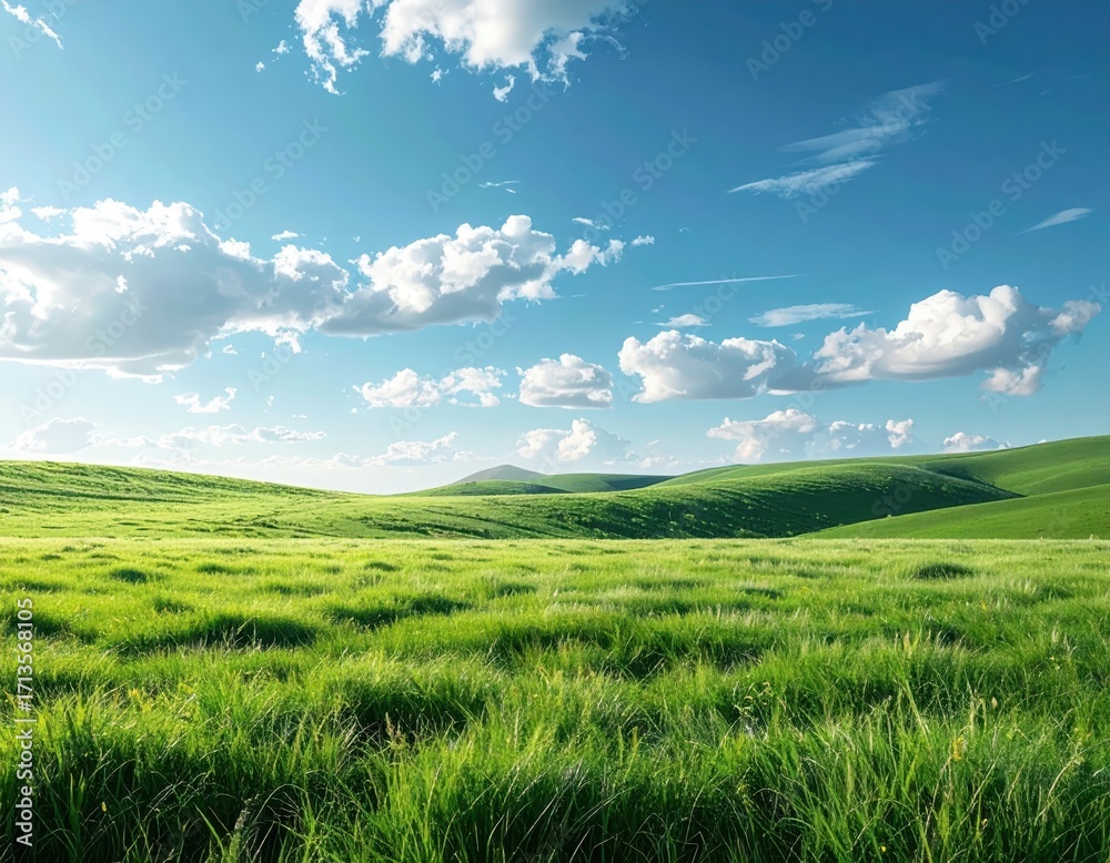 Fototapeta premium Serene Green Landscape Under Bright Blue Sky with Fluffy Clouds