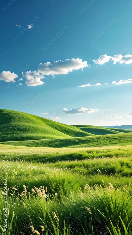 Fototapeta premium Serene Green Hills and Blue Sky with Fluffy White Clouds