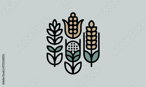 Stylized illustration of various grain crops in a minimalist design.