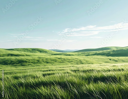 Serene Rolling Green Hills Under Blue Sky and Gentle Clouds