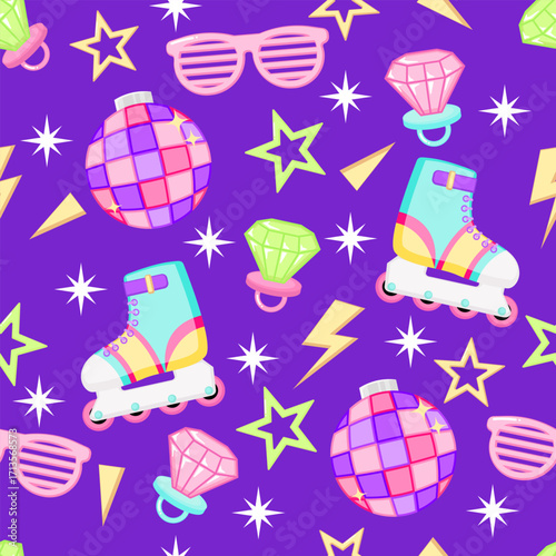 Kawaii retro 90s nostalgia seamless pattern with disco ball, roller skate and diamond ring candy