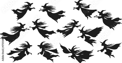 Flying witch silhouettes, Halloween theme, pointed hats, broomsticks, magical women, spooky night, fantasy art, eerie shadows, mystical characters, enchanted sky, folklore magic