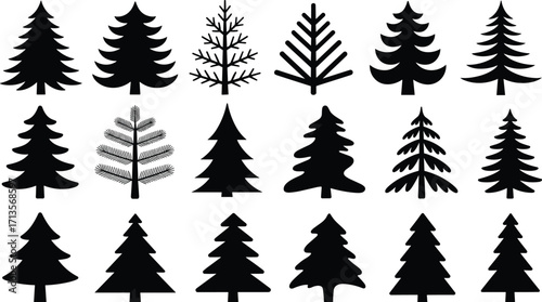 Black pine tree silhouettes collection, vector illustration, Christmas design, nature icons, forest elements, holiday decor, minimalist art, seasonal graphic, evergreen trees, clipart set