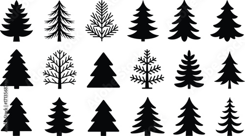 Black pine tree silhouettes collection, vector illustration, Christmas design, nature icons, forest elements, holiday decor, minimalist art, seasonal graphic, evergreen trees, clipart set