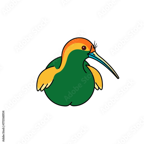 Whimsical cartoon kiwi bird illustration, a vibrant and modern icon design