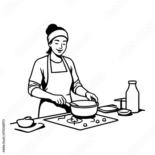 Black and White Vector Illustration of a Smiling Woman Cooking in Kitchen with Apron and Headband