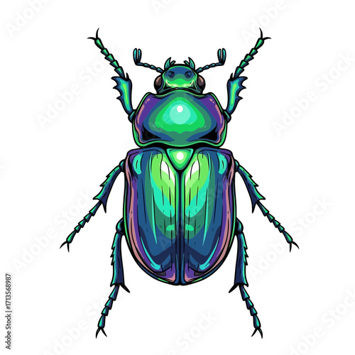 Detailed vector illustration of a vibrant iridescent beetle with a metallic sheen