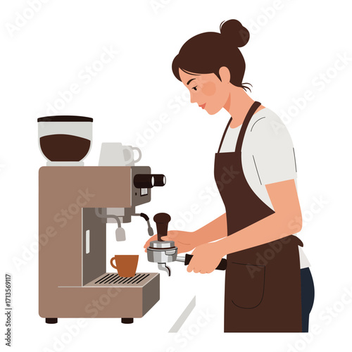Vector art of a barista preparing coffee with an espresso machine
