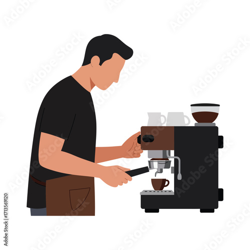 Vector art of barista making coffee with espresso machine