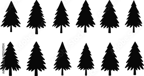 Black pine tree silhouettes pattern, vector illustration, forest background, nature design, repeating motif, Christmas decor, minimalist art, seasonal graphic, evergreen trees, modern wallpaper