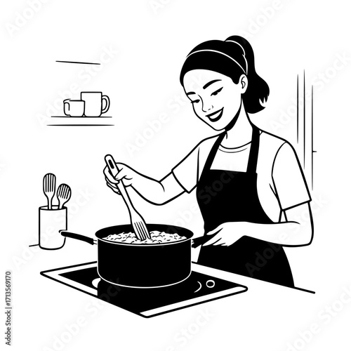 Black and White Vector Illustration of a Smiling Woman Cooking in Kitchen with Apron and Headband
