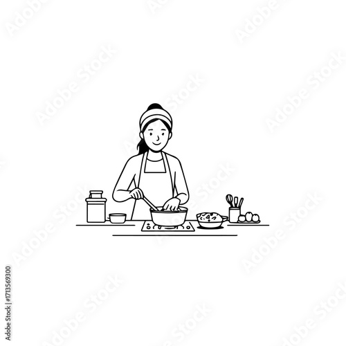 Black and White Vector Illustration of a Smiling Woman Cooking in Kitchen with Apron and Headband