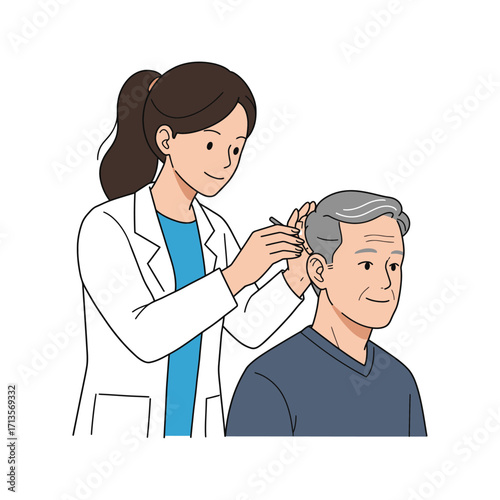 Vector art of doctor examining an elderly mans ear