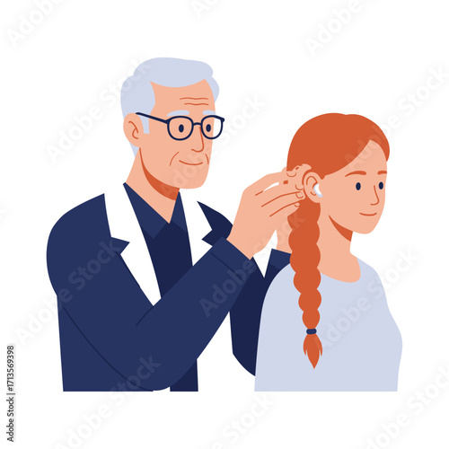 Vector art of audiologist examining a young womans ear with a hearing aid