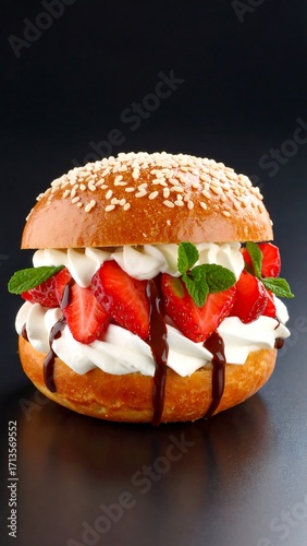 Sweet bun sandwich with strawberries and whipped cream
