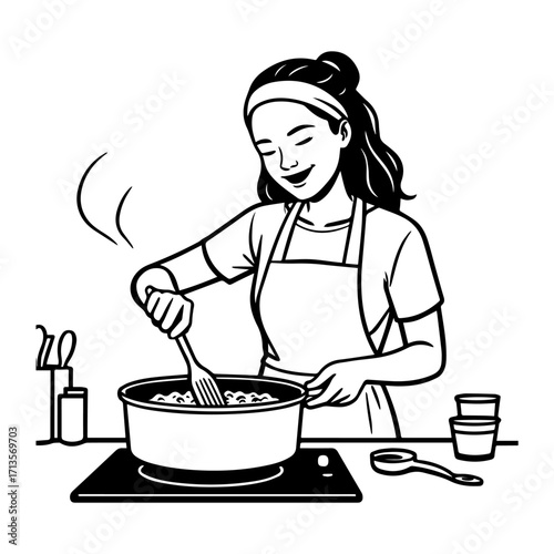Black and White Vector Illustration of a Smiling Woman Cooking in Kitchen with Apron and Headband
