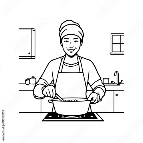 Black and White Vector Illustration of a Smiling Woman Cooking in Kitchen with Apron and Headband