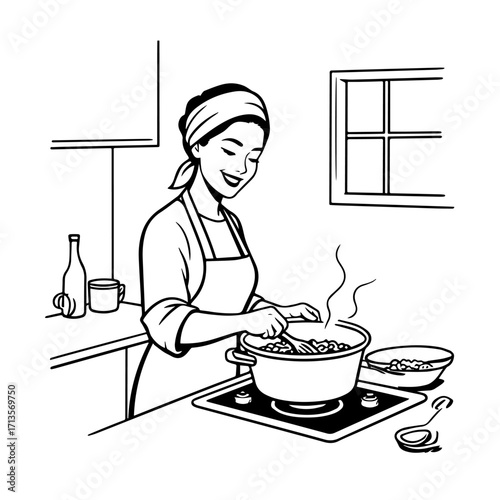 Black and White Vector Illustration of a Smiling Woman Cooking in Kitchen with Apron and Headband