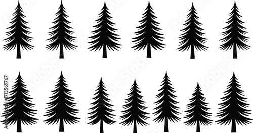 Black pine tree silhouettes, vector illustration, repeating pattern, nature design, forest background, minimalist art, Christmas tree icon, graphic element, modern decor, seasonal motif