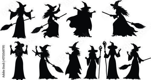 Witch silhouettes, Halloween theme, pointed hats, broomsticks, magical women, fantasy art, spooky poses, dark shadows, mystical characters, enchanted night, magical figures, eerie style