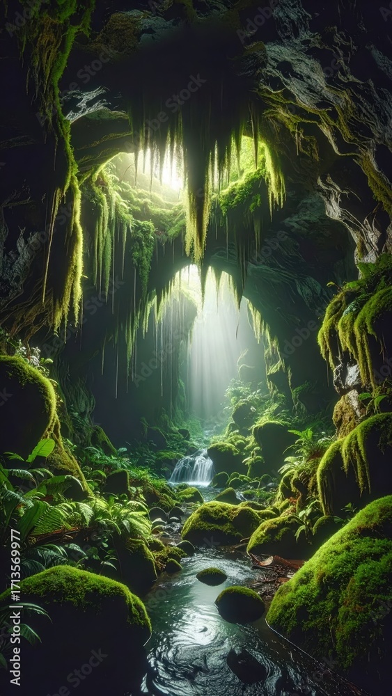 Fototapeta premium Enchanted Cave with Lush Greenery and Soft Light Beams Streaming