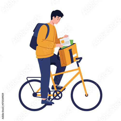 Vector art of delivery man with backpack and bicycle carrying package