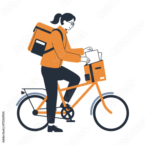 Vector art of woman with ponytail and glasses delivering mail on a bicycle with orange frame